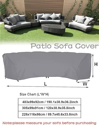 Curved Sofa Cover Outdoor Couch Sectional Protector Waterproof Half Moon Sofa Set Cover with Windproof Elastic Cord for Garden Lawn Indoor Grey (190.1x38.9x36.2in/483x99x92cm) - size: 190.1x38.9x36.2in/483x99x92cm