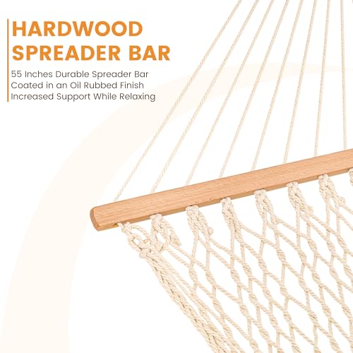 Lazy Daze Hammocks 12FT Double Rope Hammocks, 2 Person Hand Woven Cotton Hammock with Spreader Bar for Outside, Patio, Poolside, FIT 13-15 FT Stand, Max 450 Lbs, Natural, 141 x 57 inches - color: Natural