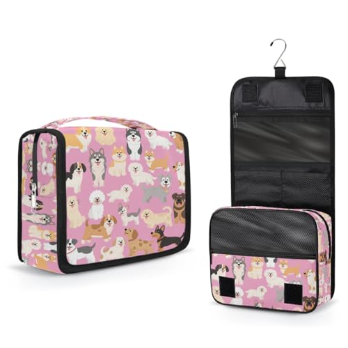 Cartoon Cute Dogs Pattern Kids Toiletry Bag for Girls, Waterproof Hanging Makeup Organizer Travel Cosmetic Bag with Hook, Portable Toiletries Case for Sleepovers School Vacations - color: Cartoon Cute Dogs Pattern