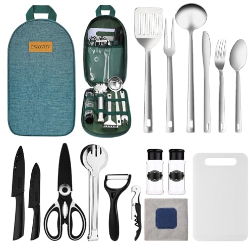 Camping Cooking Utensils Set- Camping Essentials Cookware Accessories Gear Must Haves Camper Tent Camp Kitchen Rv Gadgets Outdoor Stove Portable Picnic Gifts for Women BBQ Stuff - color: Green
