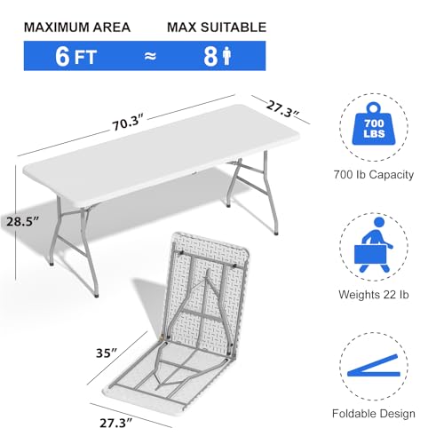 4 Pack Folding Stools with Foldable Table 6ft, Heavy Duty Dining Table and Chairs with Lock Function & Carrying Handle, Portable Indoor/Outdoor Furniture Set for Camping, Picnic, Party White - color: White, size: Pack of 4+6Ft Table