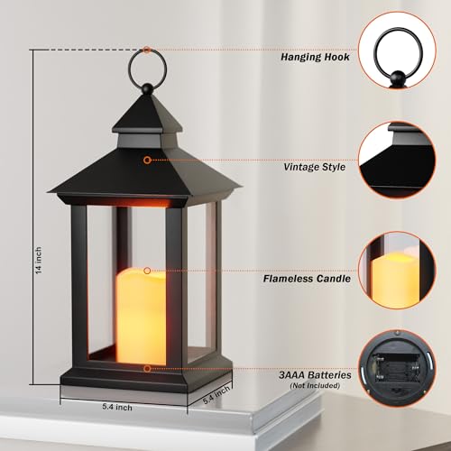 Lanterns Decorative Indoor, 2 Pack Black Decorative Flameless Candle Lanterns with Timer, Vintage 14" Waterproof Hanging Outdoor Lanterns, Battery Operated for Porch, Patio, Wedding Decor - color: Black-2pcs