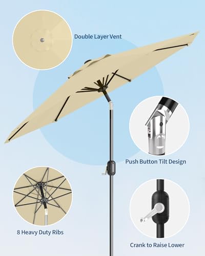 GarveeLife Outdoor Patio Umbrella, Table Market Umbrella with Push Button Tilt and Crank, 8 Sturdy Ribs UV Protection Waterproof for Garden, Deck, Backyard, Pool - color: Beige, size: 9FT