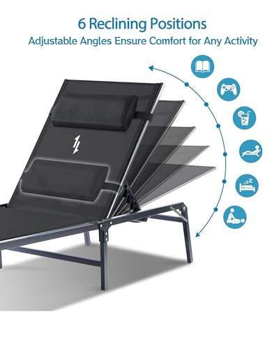 2 Pack Foldable Chaise Lounge Chair with Cup Holder, Assemble-Free Outdoor Lounge Chair with Detachable Pillow and 6 Adjustable Backrest, Patio Lounge Chair for Outside Poolside Beach Pool, Black - color: Black, size: 2-Pack