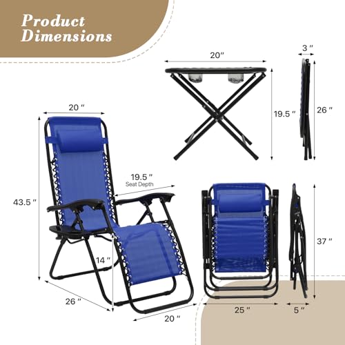 Athena Collection Zero Gravity Outdoor Lounge Chair Set of 2 with Side Table, 25" Width Pool Lounge Lawn Chairs Reclining with Cup Holder, Outdoor Chaise for Beach Patio Backyard Outside, Blue - color: Blue, style: 25" Width