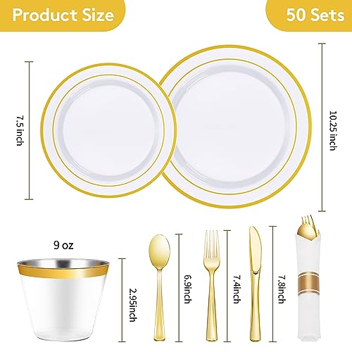 Goodluck 350 Piece Gold Plastic Dinnerware Set for 50 Guests, Fancy Disposable Plates for Party, Include: 50 Dinner Plates, 50 Dessert Plates, 50 Pre Rolled Napkins with Silverware, 50 Cups - color: Gold, style: 350 Piece (50 guests)