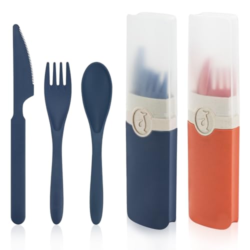 JEPELUS 2 Pcs Travel Utensils with Case, Portable Cutlery Set, Reusable Fork Spoon Knife with Case Flatware for Work Travel Picnic Camping Office School or Daily Use (Blue, Orange)