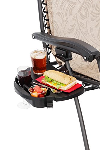 Camco Zero Gravity Chair Tray – Clip‑On Side Table w/Cup Holders, Stemmed Glass Slot, Non‑Slip Textured Surface, Drainage Holes & Bag Hook – Fits up to 7/8” Frames – Durable Polymer, Black (51834)