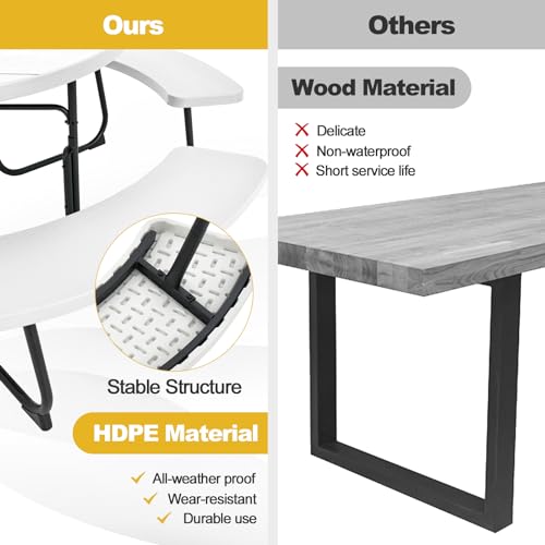 Tangkula 8 Person Picnic Table, Outdoor Round Picnic Table with 4 Built-in Benches, Umbrella Hole, Metal Frame & HDPE Tabletop, Outside Table and Bench Set for Backyard, 2300lbs Weight Capacity - color: White