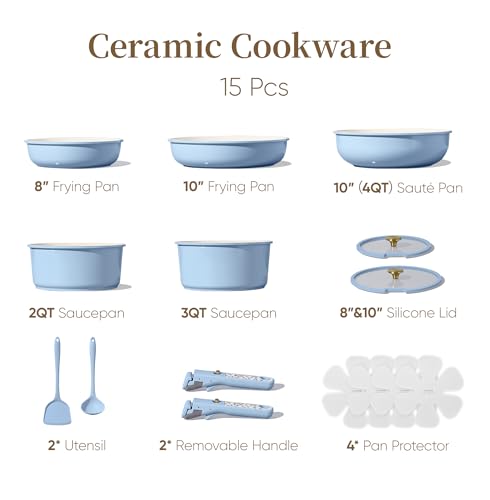 CAROTE 15Pcs Ceramic Cookware Set, Pots and Pans Set Non Stick, Kitchen Cooking Set with Detachable Handle, Non Toxic Induction Cookware, Dishwasher/Oven Safe - color: Light Blue