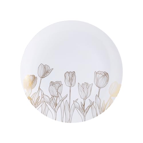 PLASTICPRO 32 Pack Elegant Disposable Plastic Plates Combo Set Includes 16 Dinner Plates and 16 Salad Plates Heavy Duty Fancy Party Plates White & Gold Tulip Design - color: White & Gold Tulip Design