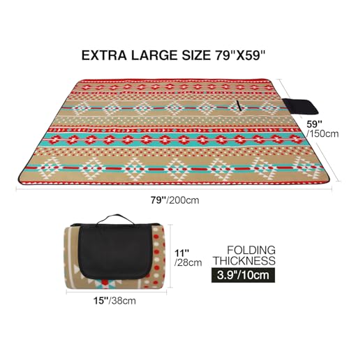 REDCAMP Fleece Picnic Blanket Waterproof Sandproof, Soft Plush & Foldable Outdoor Blanket for Lawn Park Beach Travel, Red Ethnic 79“x59 - color: Red Ethnic Style