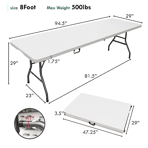 AJP Distributors 8 Foot Portable Plastic Folding Table 8FT 96" Half Foldable Heavy Duty Top w/Carry Handle - Indoor Outdoor Backyard Camping Picnic BBQ Party Wedding Dining Office Event Meeting White - color: White, size: 8 Foot