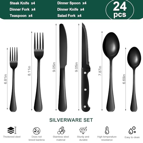 24-Piece Black Silverware Set with Steak Knives Black Stainless Steel Flatware Set for 4 Food Grade Tableware Cutlery Set Rust-proof, Mirror Polished, Dishwasher Safe