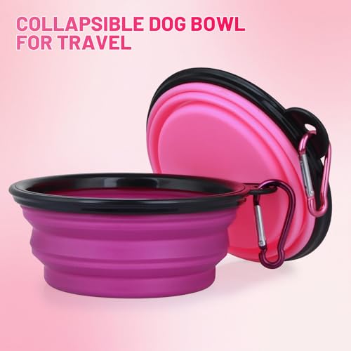 Dog Bowl Pet Collapsible Bowls, 2 Pack Collapsible Dog Water Bowls for Cats Dogs, Portable Pet Feeding Watering Dish for Walking Parking Traveling with 2 Carabiners (Small, Pink+Purple) - color: Pink+Purple, size: Small
