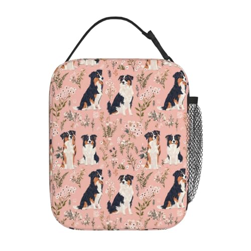 Reusable Australian Shepherd Lunch Box for Kids Girls Boys Women Adult, Insulated Cute Floral Dog Pink Lunch Bag,Polyester Cooler Handbags Case for School Picnic Work Travel Beach or Hiking - color: Australian Shepherd