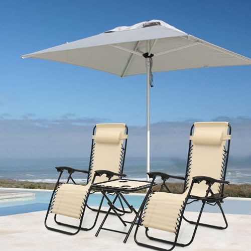 Athena Collection Zero Gravity Outdoor Lounge Chair Set of 2 with Side Table, 25" Width Pool Lounge Lawn Chairs Reclining with Cup Holder, Outdoor Chaise for Beach Patio Backyard Outside, Beige - color: Beige, style: 25" Width