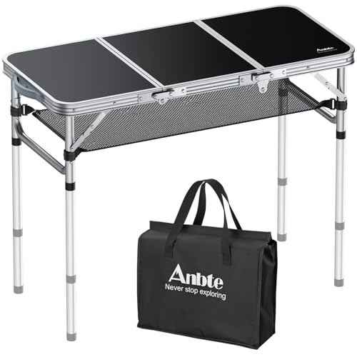 Anbte Folding Camping Table with Storage Net, 3ft Camping Table Aluminum Folding Table with 3 Adjustable Height Max 27.1 Inch Picnic Table Portable Table for Outdoor Backyard BBQ, Black - color: Black