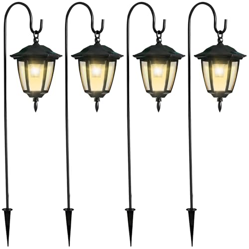 Dynaming 4 Pack Solar Hanging Lights Outdoor, Solar Powered Garden Decorative Lanterns with 4 x 38 Inch Shepherd Hooks, Waterproof Landscape Lighting for Lawn Patio Yard Pathway Driveway, Warm White - size: 4 Pack