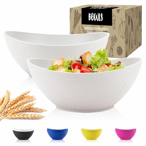 Wrova Wheat Straw Bowls Set of 2 with Textured Pattern,Unbreakable Large Salad Bowls,Plastic Bowls Dishwasher & Microwave,Sturdy and Stackable Kitchen Bowl Sets for Serving,Oatmeal.White - color: White, size: 2 Pack
