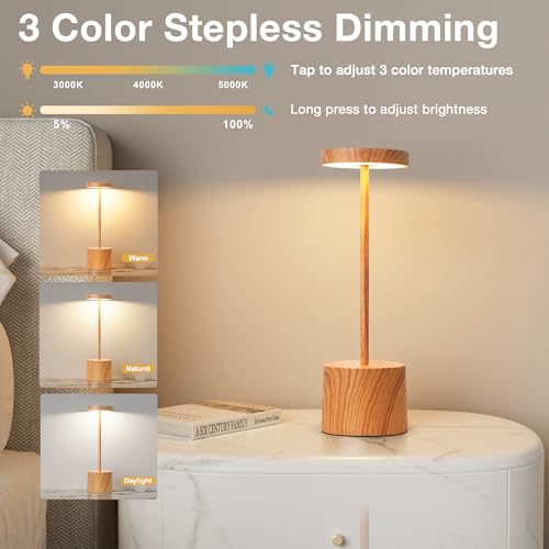 Kakanuo Wooden Rechargeable Cordless Lamp - Touch Control, 3 Color Temperature, LED Outdoor Wireless Lamp, Battery Operated Lamps, Stepless Dimmable, Set of 2 - color: Wood