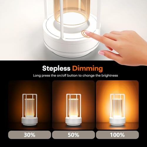 Portable Metal Table Lamp for Indoor/Outdoor ,Rechargeable Cordless LED Lamp, 3-Colour Infinitely Dimming Battery Powered Small Desk Lamp, Restaurant/Bedroom/Bar/Coffee Shop/Camping Light (White) - color: White