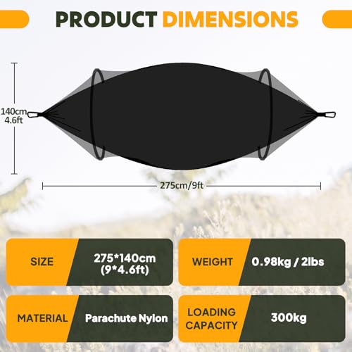 Chihee Ultra-Light Travel Camping Hammock Pop-up Net Hammock 660lbs Load Capacity,Breathable,Quick-Drying Parachute Nylon 2 Premium Carabiners,2 Tree Slings Included for Outdoor Backpacking Hiking - color: Black