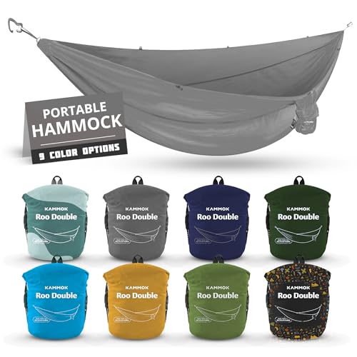 KAMMOK: Roo Double Hammock | Made from Strong & 100% Recycled Water Resistant Ripstop Fabric | Comfortable, Packable, Lightweight (Lifetime Adventure Grade Warranty), Granite Gray - color: Granite Gray, size: Roo Double