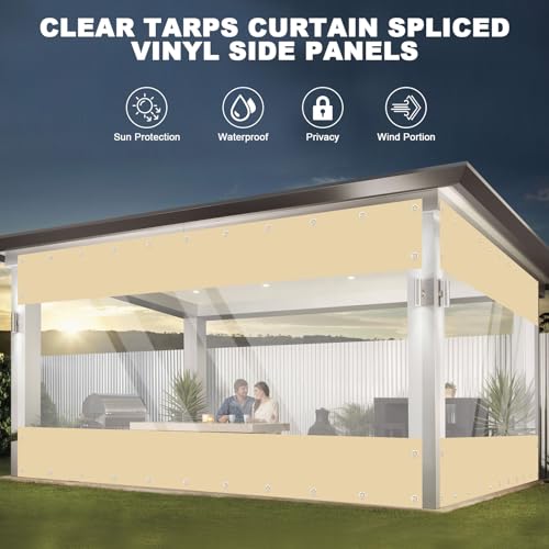 Clear Vinyl Curtains for Patio Enclosure, 23oz Heavy Duty Waterproof Anti-UV and Tear-Resistant Tarpaulin with Grommets, Weatherproof Panels for Porch, Pergola, Gazebo, Balcony, Outdoor - color: Khaki, size: 8'H X 7'W