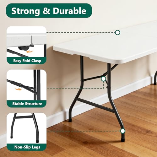 Folding Table 6FT Heavy Duty Plastic Table with Handle, Foldable&Portable, Fold-in-Half Utility Tables for Outdoor, Dining, Wedding, Events, Indoor, Picnic, Camping, Party, White - color: White, size: 6FT
