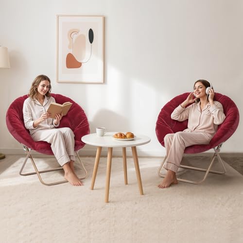 MoNiBloom Round Folding Faux Fur Saucer Chair for Bedroom Living Room Dorm Foldable Metal Frame Oversized Large Comfy Furry Padded Soft Lounge Lazy Cozy Moon Chair for Adults (Burgundy, 2 Pieces) - color: Burgundy
