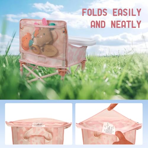 Tiny Marvels 3-in-1 Portable Baby Chair, Foldable Booster Seat with Removable Tray, Safety Harness & Carry Bag for Dining, Travel, Camping, Beach, 6M-3Y (Blush Bloom) - color: Blush Bloom