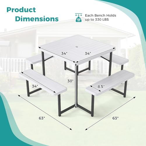 Giantex Picnic Table Bench Set for 4-8 People, 34" Outdoor Square Dining Table & 2 Benches w/Umbrella Hole, HDPE Tabletop, Metal Frame, Patio Camping Furniture for Backyard Porch Lawn (White,Square) - color: White, size: Square-34"x34"x30"