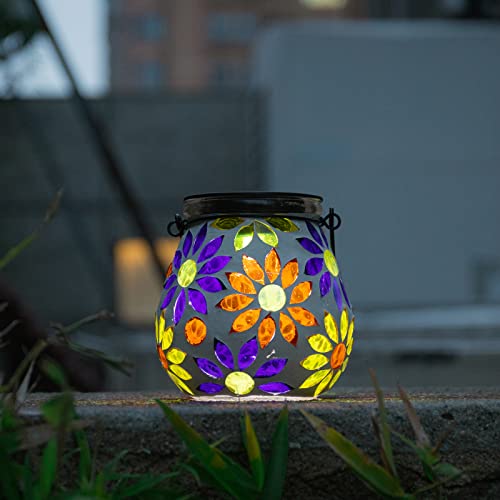 Afirst Mosaic Solar Lanterns Outdoor - Glass Hanging Solar Lights Hollow Out Waterproof Table Lamp Outdoor Decorative for Garden, Patio, Holiday Party Outdoor Decoration - style: Daisy