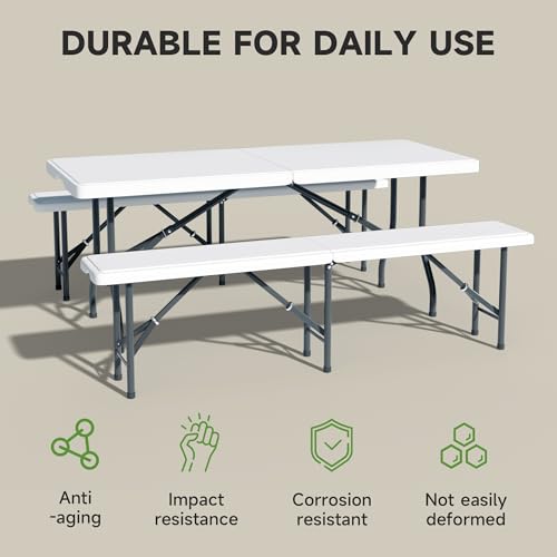 6FT Folding Table Set with 2 Folding Benches, Heavy Duty HDPE Materials, Locking Safety Design, 3-Piece Portable Folding Furniture for Camping, Picnic, Party, Indoor & Outdoor, White