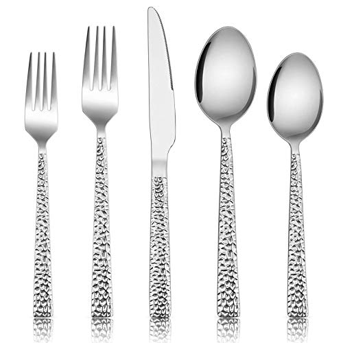 E-far 20-Piece Hammered Silverware Set, Stainless Steel Square Flatware Set Service for 4, Tableware Cutlery Set Includes Forks Spoons Knives, Modern Design & Mirror Finish - Dishwasher Safe - size: 20-Piece for 4