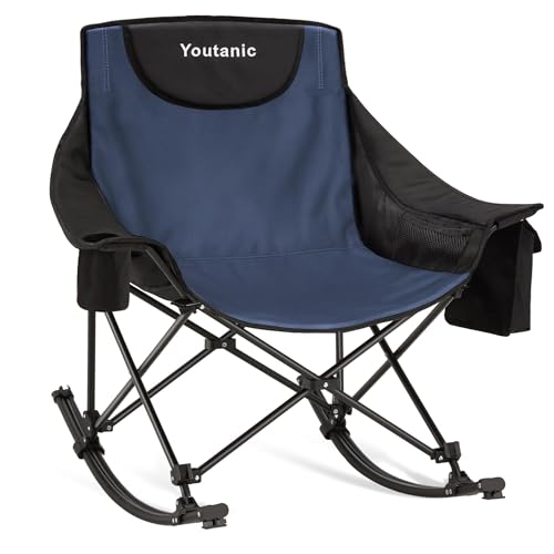 Youtanic Oversized Folding Rocking Camping Chair, Padded Portable Rocking Chair with Pockets, Cup Holder and Carry Bag, Heavy Duty Outdoor Rocker Patio Chair for Garden, Lawn, Up to 400lbs, Navy Blue - color: Navy Blue-black