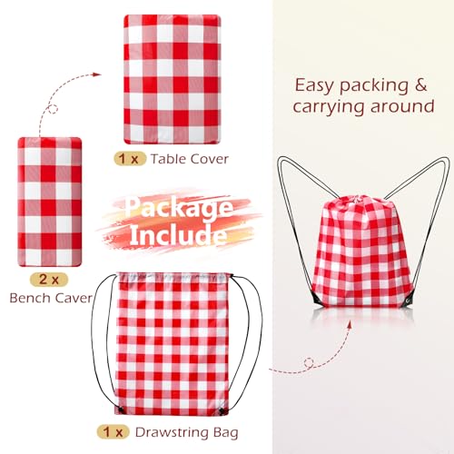 Picnic Table Cover with Bench Covers and Bag, Camping Table Camping Essentials Cover with Elastic Edges (Red) - color: Red
