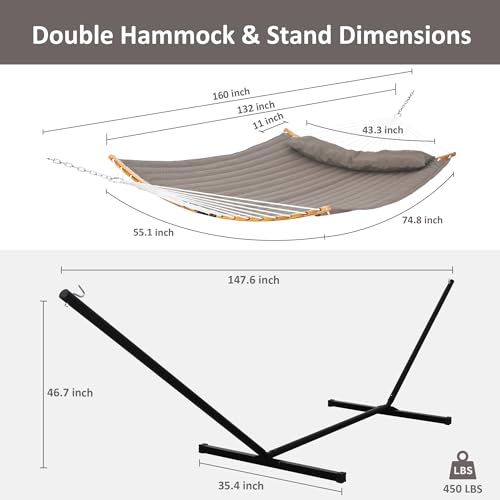 SUNCREAT Hammocks Portable Hammock with Frame, Backyard Double Hammock with Curved Spreader Bar, Brown - color: Brown