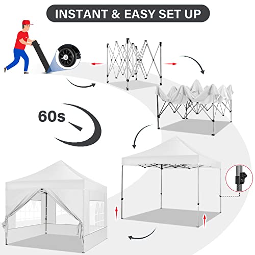 COBIZI 10x10 Pop Up Canopy Tent 10x10 Canopy with 4 Sidewalls Waterproof Heavy Duty Commercial Canopy Tent for Parties Outdoor Garden Gazebo, Carry Bag with Wheel(10x10ft, White) - color: White, size: 10x10ft 4 Sidewalls
