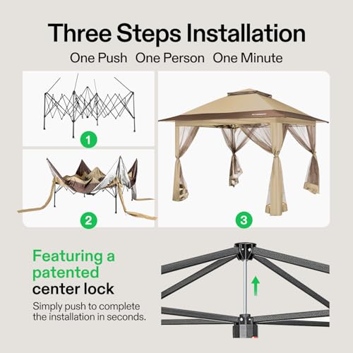 VIVOSUN 13 x 13 Pop Up Canopy Tent, Quick Setup Canopy Shelter with Mosquito Netting, Center Lock, Storage Bag, Instant Outdoor Gazebo for Parties, Patio, Lawn, Garden, Backyard, Khaki