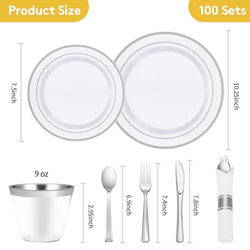 Goodluck 700 Piece Silver Plastic Dinnerware Set for 100 Guests, Disposable Plates for Party, Include: 100 Dinner Plates, 100 Dessert Plates, 100 Pre Rolled Napkins with Silverware, 100 Cups - color: Silver, style: 700 Piece (100 guests)