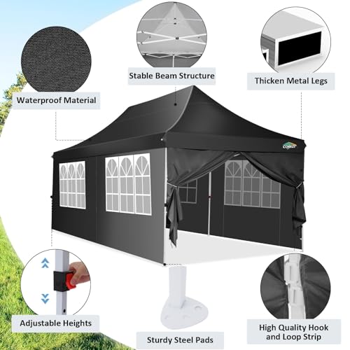 COBIZI 10x20 Pop Up Canopy with 6 Sidewalls, Conical Canopy Tents for Parties, Backyard, Commercial, Waterproof Event Tent Instant Shelter UV50+ Outdoor Gazebo with 4 Sandbags (Peak Drainage) - color: Pure Black, size: 10x20FT