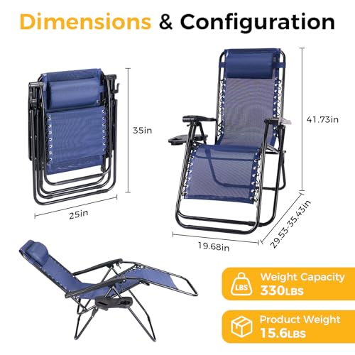 NEWBULIG Zero Gravity Chair Set of 2, Lounge Chair Folding Portable Adjustable Camping Reclining Chairs with Adjustable Pollow, Mesh Back, Cup Holder Trays Lawn Patio Chair for Pool Beach - Blue - color: Modern Blue, size: 2 Pack