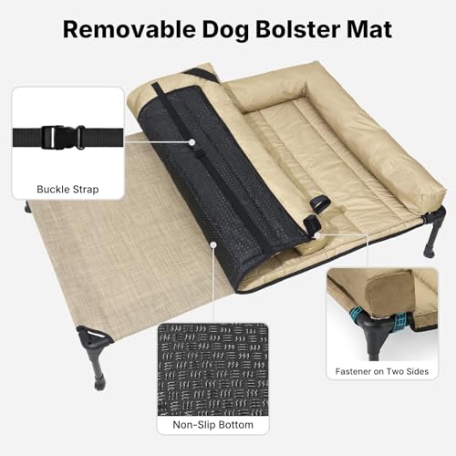 Veehoo Cooling Elevated Dog Bed Add Removable Waterproof Bolster Cushion Mat, Raised Pet Cot with Breathable Teslin Mesh, No-Slip Feet, Dog Couch Bed for Indoor Outdoor, 53 inches, Beige Coffee - color: Beige Coffee, size: 53.0"L x 37.5"W x 9.0"Th