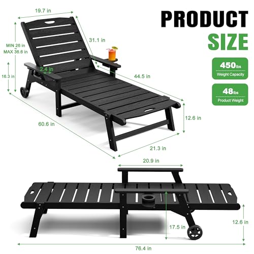 Outdoor Lounge Chair with 5-Position Adjustable, Outside Lounge Chair with Cup Holder, Wheels for Easy Mobility, HDPE Tanning Chair for Poolside, Patio, Black - color: Black, size: 1pc