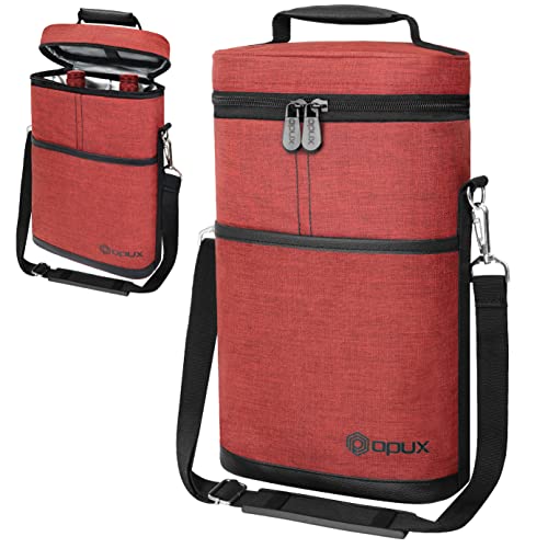 opux 2 Bottle Wine Carrier Tote, Insulated Leakproof Wine Cooler Bag, Wine Travel Bag for Picnic BYOB Beach, Portable Wine Bottle Carrying Case, Gift for Wine Lover Women Men Christmas, Red - color: Heather Red