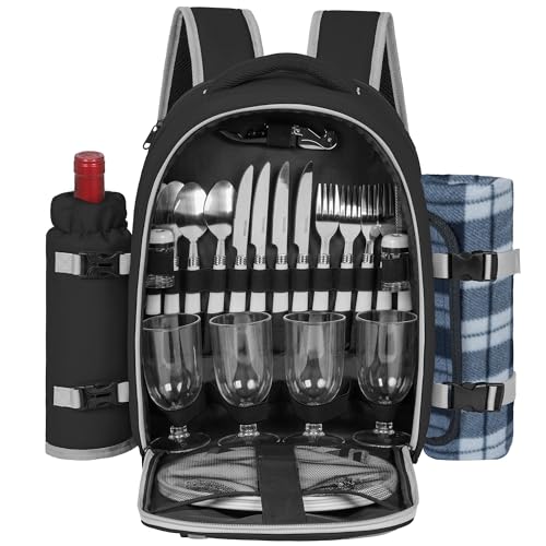 Picnic Backpack for 4 Persons with Insulated Leakproof Cooler Compartment, Cutlery Sets, Wine Holder, Fleece Blanket, Wedding Gifts for Couples, Perfect for Beach, Camping, Hiking, Black - color: Black