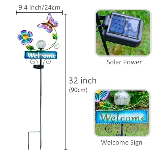 Butterfly Garden Decorations for Outside, Solar Waterproof Stake Lights with Welcome Sign for Yard Lawn Patio Pathway, Warm Gifts for Mom Grandma Housewarming (Butterfly) - style: Butterfly