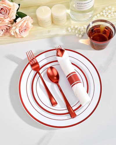 Goodluck 350 Piece Red Plastic Dinnerware Set for 50 Guests, Fancy Disposable Plates for Party, Include: 50 Dinner Plates, 50 Dessert Plates, 50 Pre Rolled Napkins with Silverware, 50 Cups - color: White Red, style: 350 Piece (50 guests)